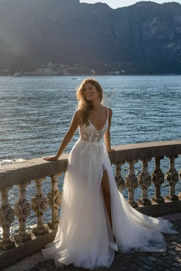 strapless open back dress A-line Deep V Neck White Lace Wedding Dresses Open Back Bridal Gowns C –  SELINADRESS main image 0
