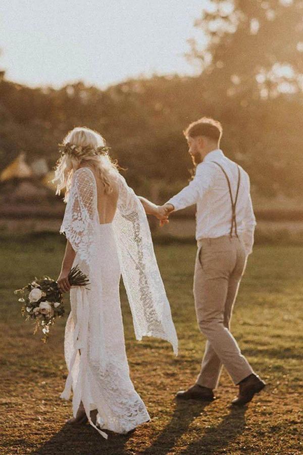 Beach Ivory Wedding Dress with Batwing Sleeves and Rustic Lace Back Beach Ivory Wedding Dress with Batwing Sleeves and Rustic Lace Back