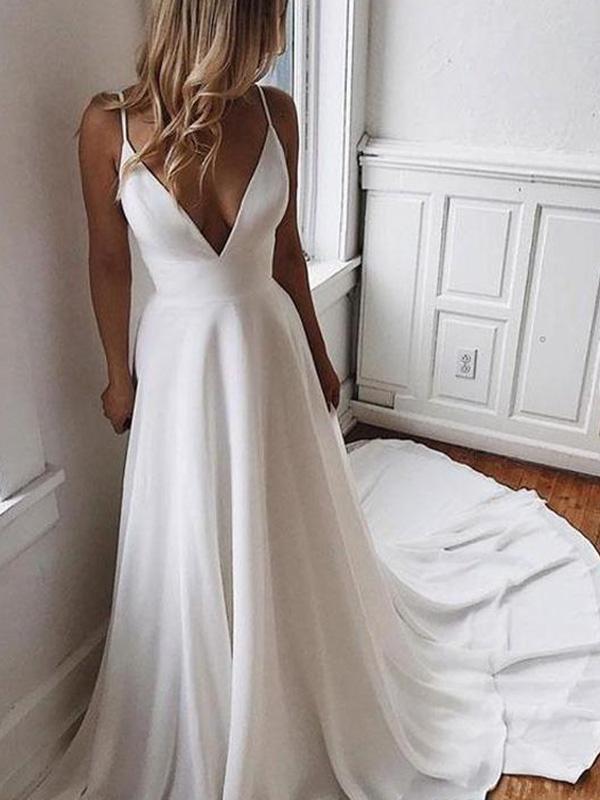 Beach Wedding Gown Simple V Neck Chiffon A Line with Covered Buttons