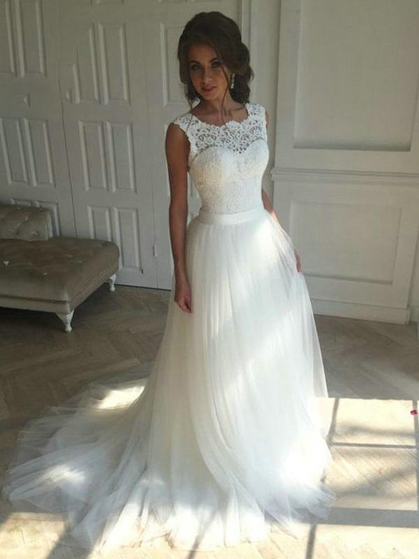 ross dress for less osage beach Beach Wedding Gown with Lace O-Neck and Tulle