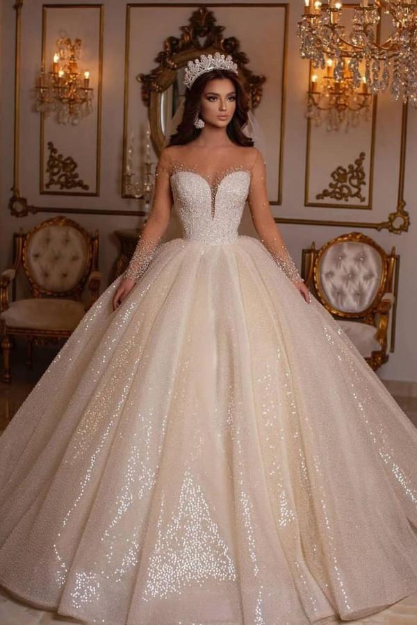 Beautiful Long Ball Gown Sweetheart Sparkly Wedding Dress with Sleeves Beautiful Long Ball Gown Sweetheart Sparkly Wedding Dress with Sleeves