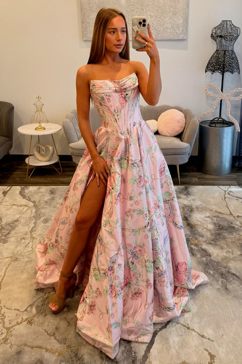 Beautiful Long Pink Floral A-line Prom Dress with Slit Beautiful Long Pink Floral A-line Prom Dress with Slit