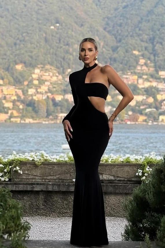 Black One Shoulder Halter Long Sleeve Mermaid Long Formal Dress Black One Shoulder Halter Long Sleeve Mermaid Long Formal Dress
