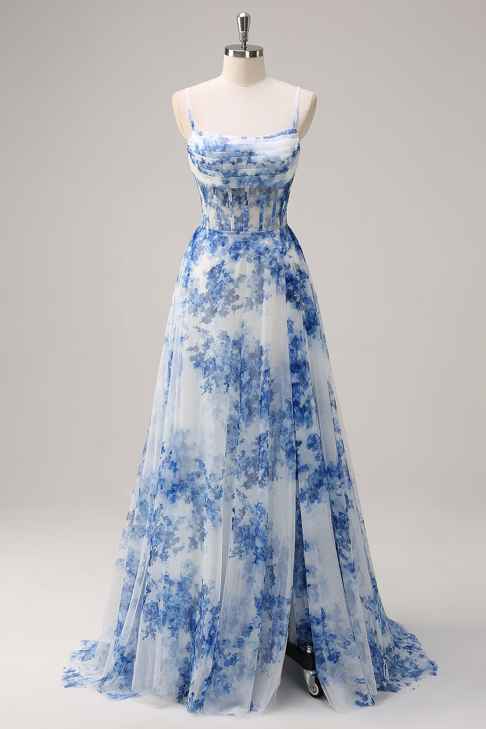 Blue Floral Printed Chiffon Spaghetti Straps A-Line Long Corset Prom Dress with Slit