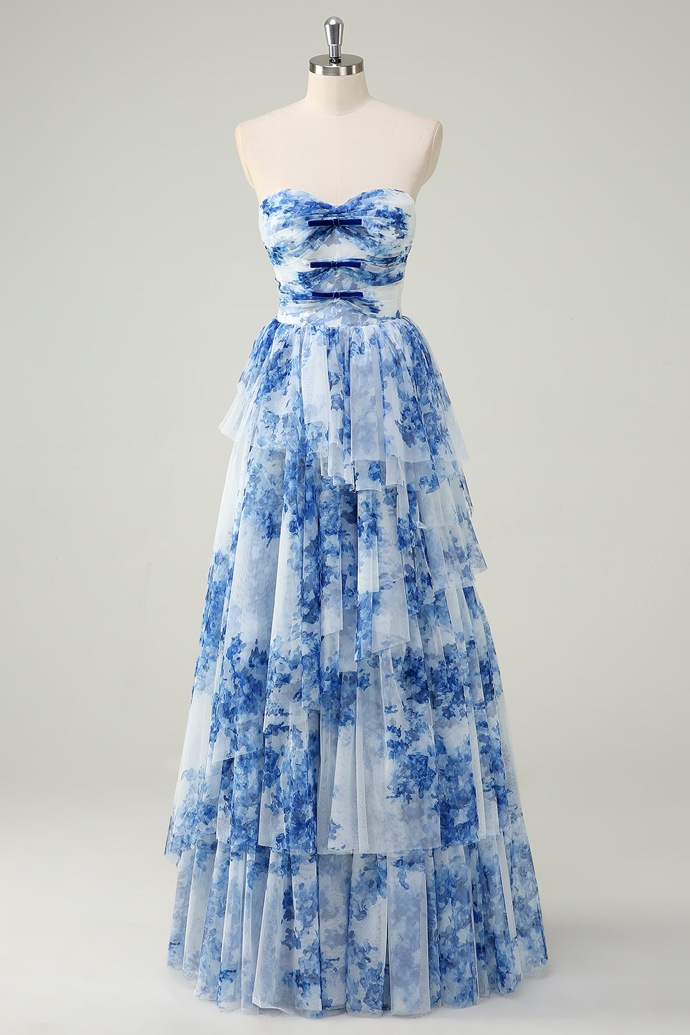 prom flowers for blue dress Light Blue 3D Flowers Prom Dresses Cape Sleeve Long Tulle Evening Dres –  Viniodress main image 0