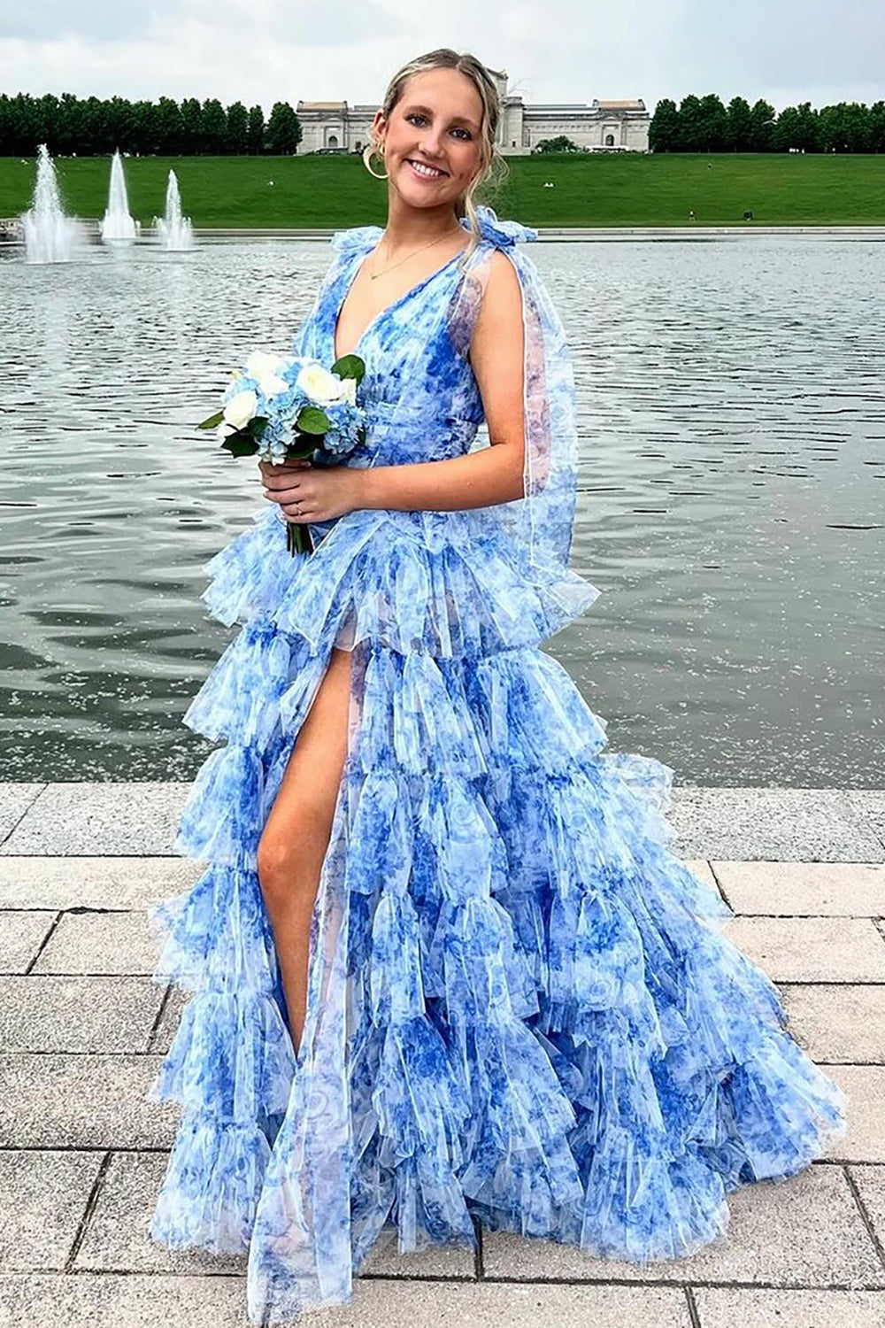 blue floral ruffle prom dress Straps Blue Floral Corset A-line Ruffle Prom Dress – Dressesforparty main image 1