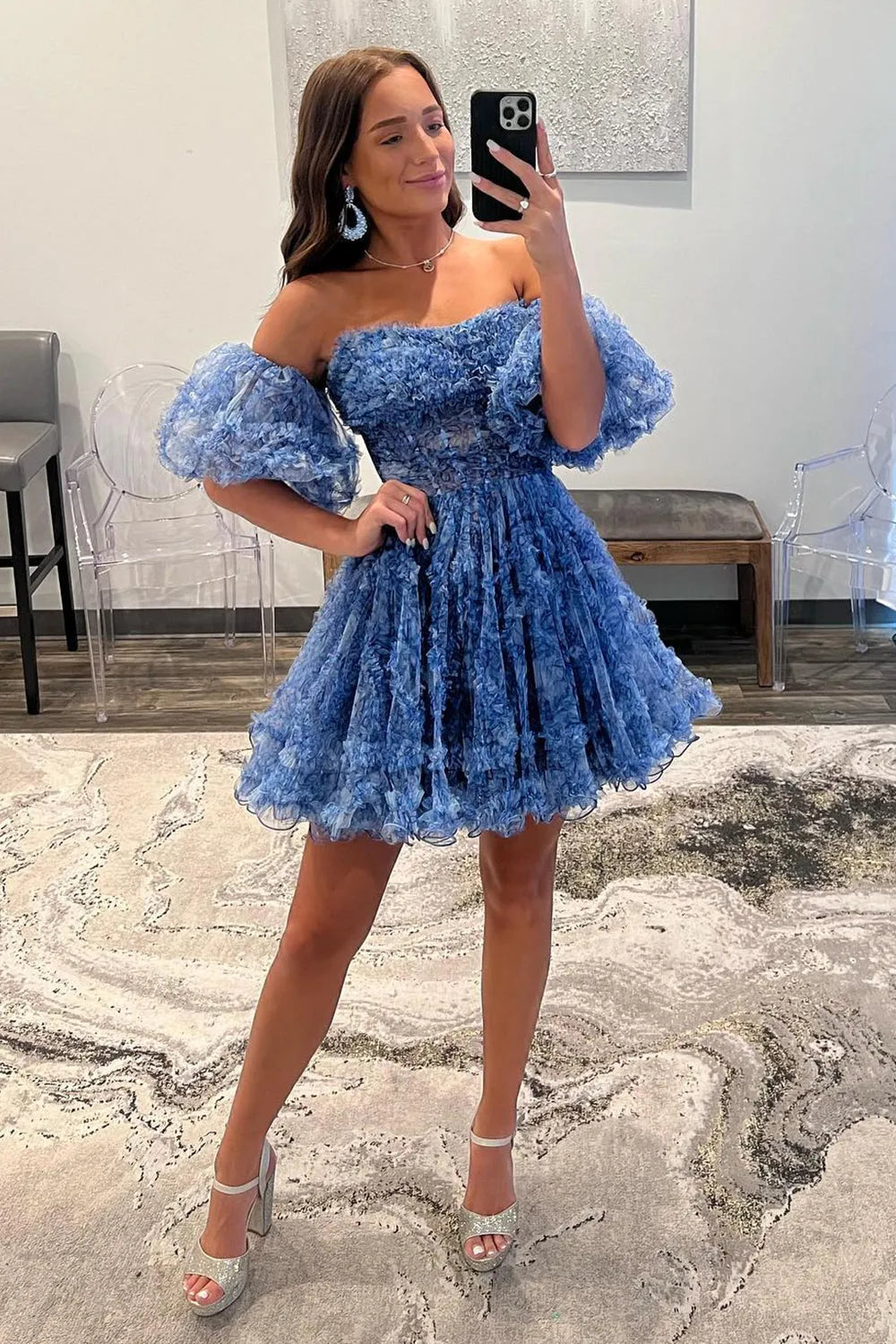 printed homecoming dresses Blue Puff-Sleeved Ruffled A-Line Dress ENTRO Asymmetrical dress with gathered The strapless bodice features Color:Hibiscus