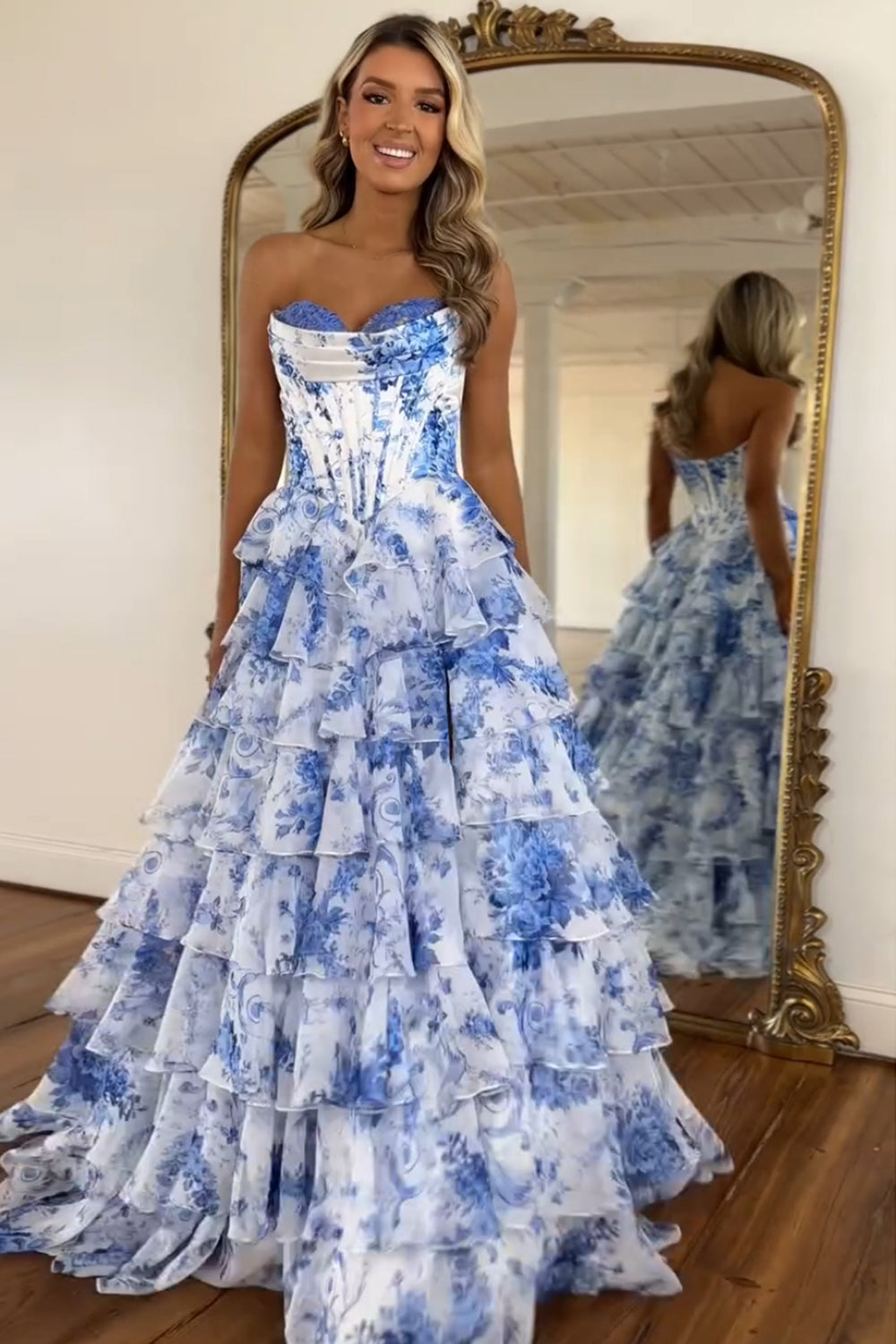 Blush Sweetheart A-Line Chiffon Floral Ruffled Long Corset Prom Dress with  Slit