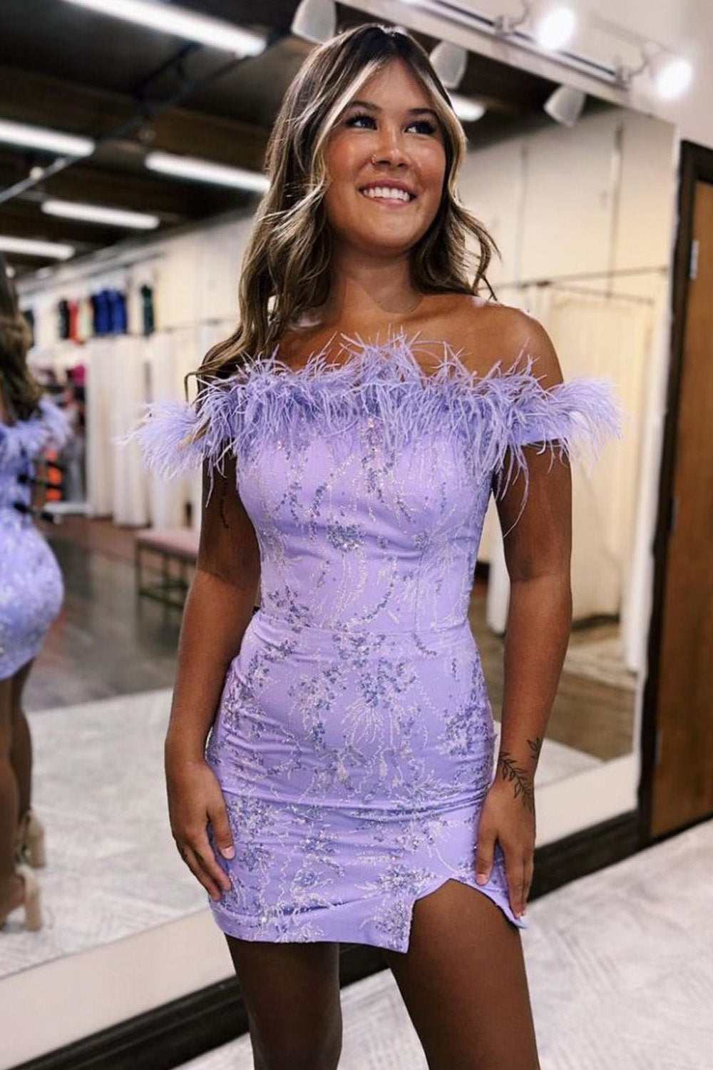 feather homecoming dresses Bodycon Charming Lilac Off-the-Shoulder Dress with Size::10Y Fairy 3d Flower Embroidery Make a chic and Long Sleeve Formal Dresses