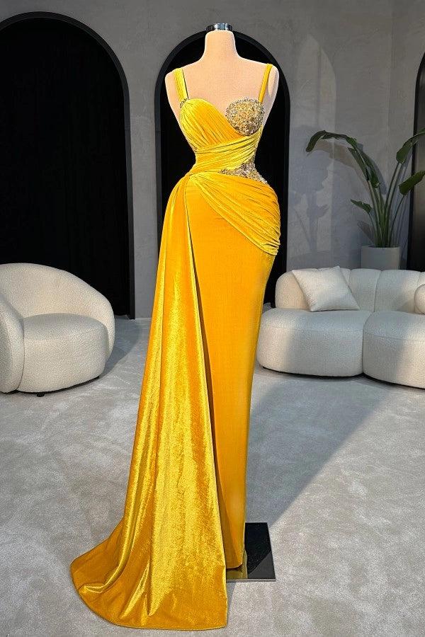 neon yellow formal dresses Bright Yellow Sweetheart Sleeveless Mermaid Prom Dress with Rhinestones and Panel Train