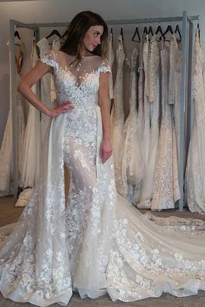 lace wedding dress with cap sleeves and long train Cap Sleeves Sheer Neck Long Detachable Train Wedding Dress