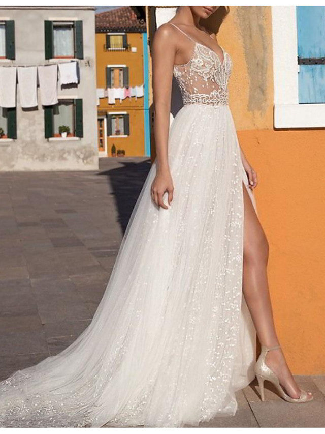Casual Beach Plus Size A-Line Wedding Gown with V Neck Sleeveless Floo Casual Beach Plus Size A-Line Wedding Gown with V Neck Sleeveless Floo