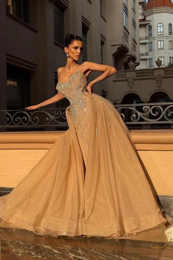 Champagne Glitter Tulle Ball Gown Prom Dress Strapless Sweetheart Fully Crystal Beaded Radiant Corset Bodice Open Back Voluminous Skirt Cathedral