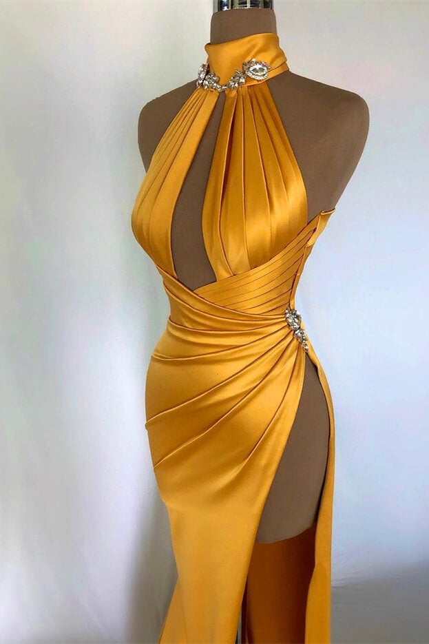 Champagne Gold Off-the-Shoulder Evening Dress with High Neck and Pleat