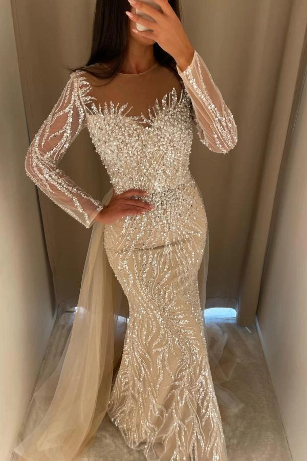 long sleeve champagne mermaid dress Champagne Detachable Train Mermaid Wedding Dress Long Sleeve Buttons Bridal  Gown