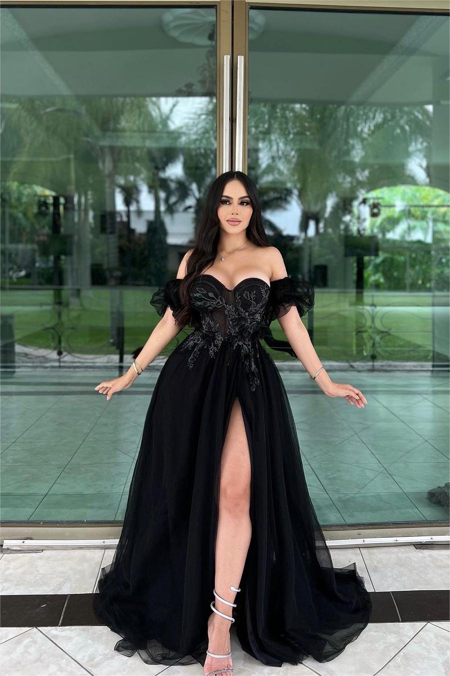 black tulle off shoulder dress Charming Black Tulle Off the Shoulder Sleeveless Long Split Formal Dress  With Embroidery