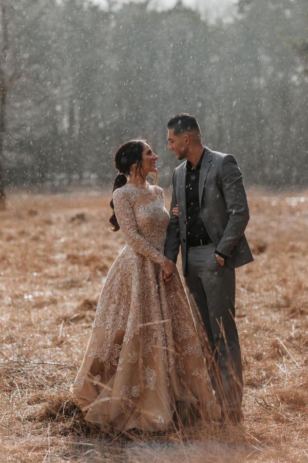 Charming Champagne Long A-line High Neck Tulle Lace Wedding Gown with