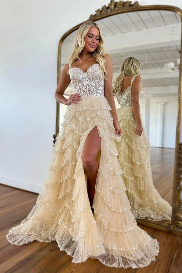 strapless open back dress Champagne Spaghetti Straps Prom Dresses With Slit,Fitted Evening Dress –  jkprom