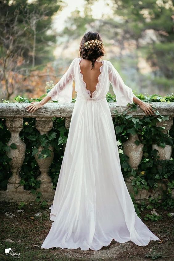 Chic 3/4 Sleeves and Backless Long Chiffon Beach Wedding Dress