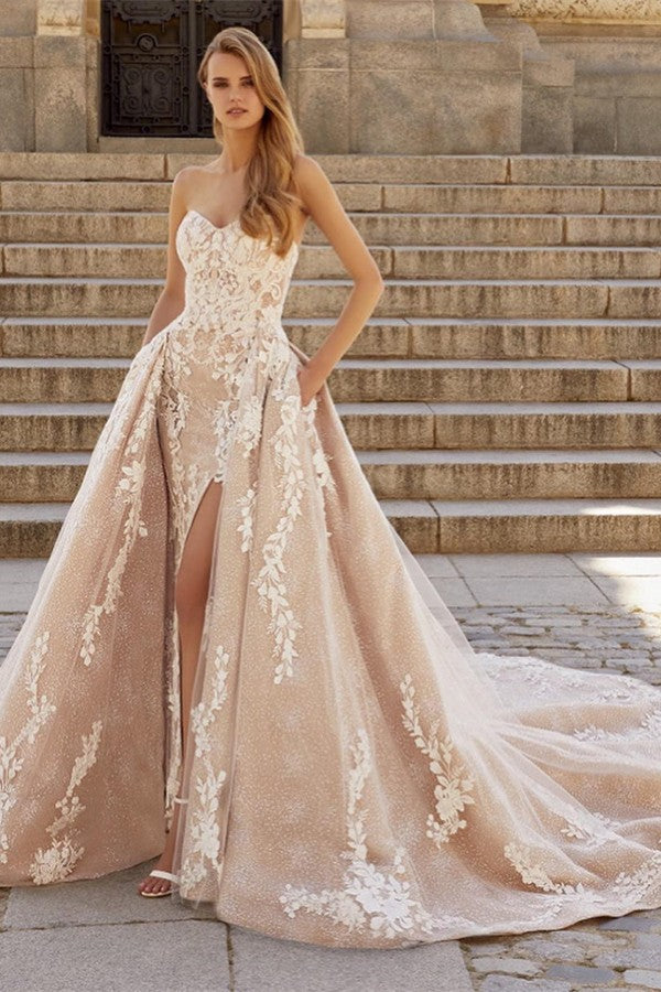 Chic Champagne Sweetheart A-line Detachable Wedding Dress Chic Champagne Sweetheart A-line Detachable Wedding Dress