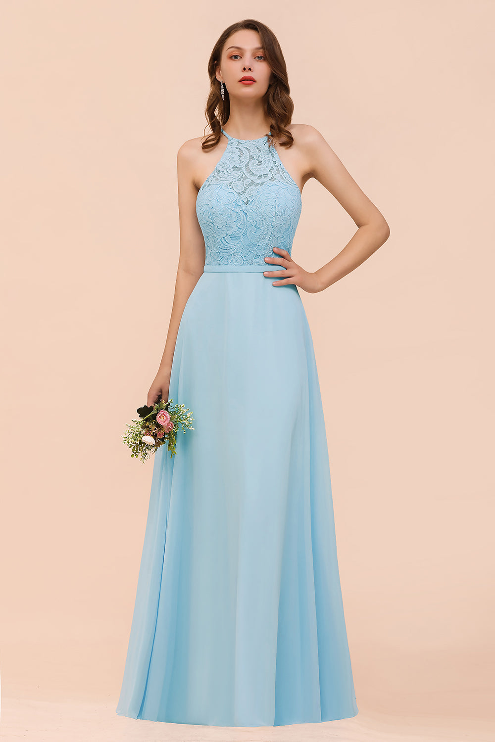 BMbridal Chic Halter Sleeveless Affordable Sky Blue Bridesmaid Dress with Lace