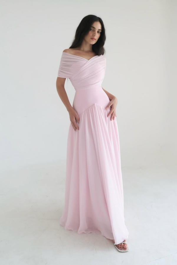 Chiffon Off the Shoulder Sleeveless Long Formal Dress With Pleated