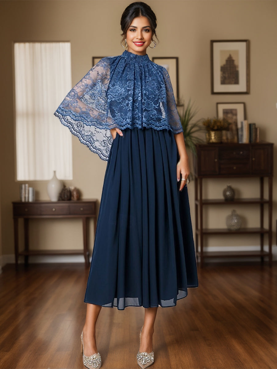 chinese dress ladies Wedtrend Women Elegant Navy Mother of The Bride Dress with 3/4 Sleeves A Line Boat Neck Chiffon Lace Applique Long Formal Dress, Navy / US10