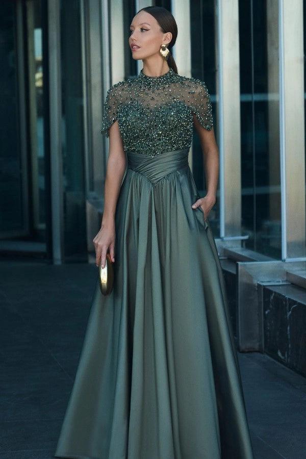 classy prom dress Classy Dark Green High Neck Short Sleeves A-Line Prom Dress with Rhinestones and Beadings