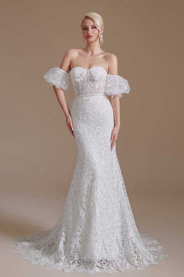 Classy Long Mermaid Sweetheart Lace Wedding Gown with Removable Sleeve