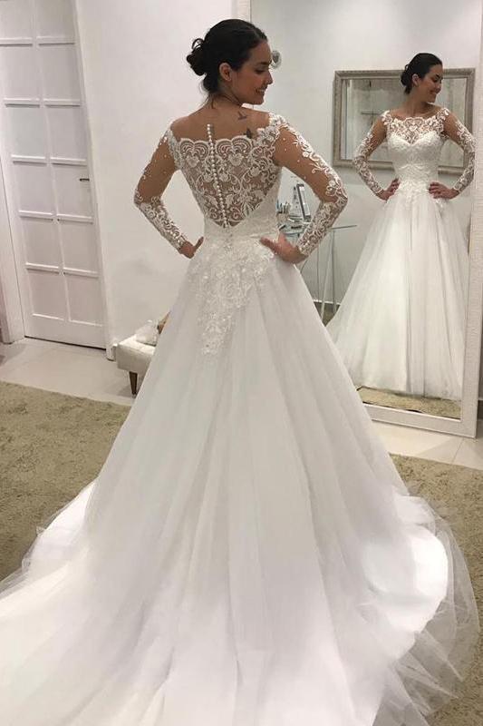 long sleeve lace puffy wedding dress Classy Tulle Beads Wedding Dress with Puffy Long Sleeves