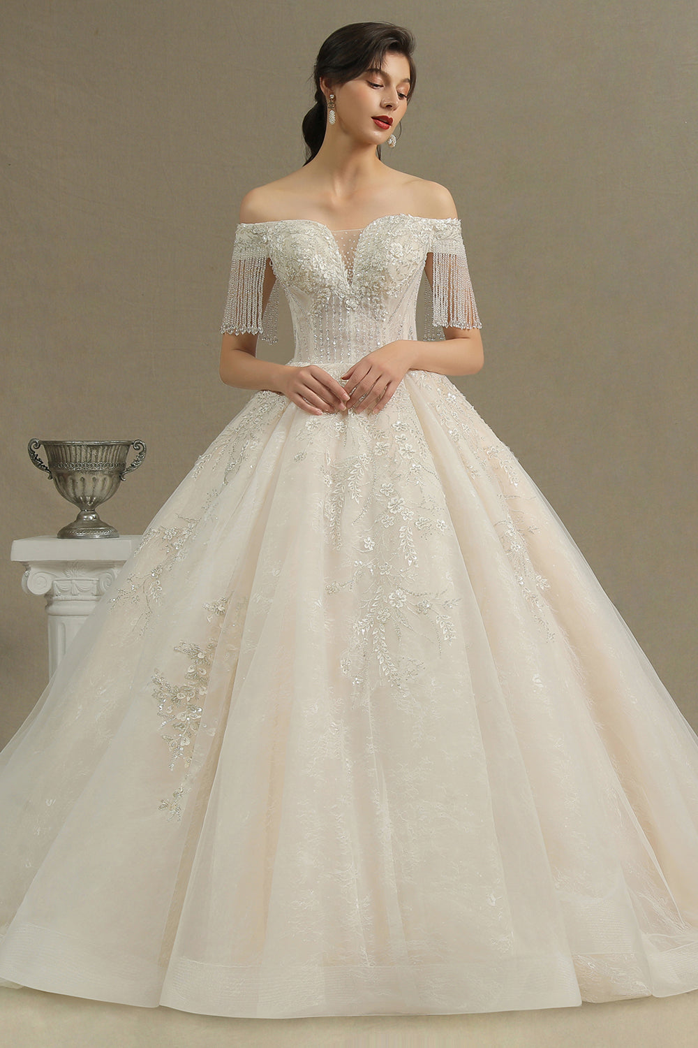 off the shoulder tassel dress CPH224 Off-the-shoulder Tassel Ball Gown Wedding Dress with Appliques