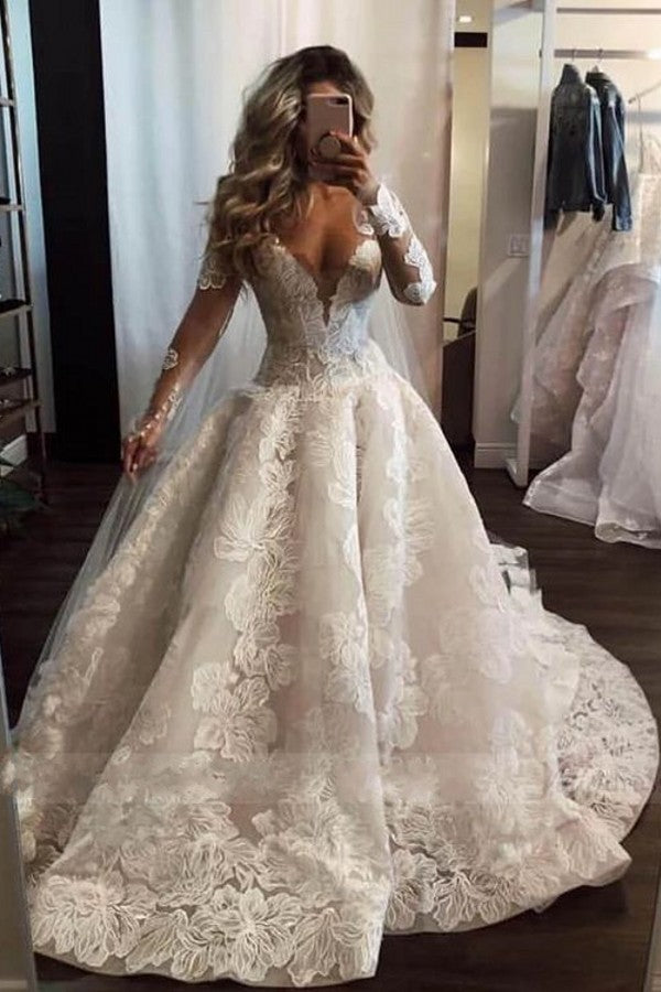 Deep V-neck Long Sleeve Appliques Lace Pearl Floor-length A-Line Weddi Deep V-neck Long Sleeve Appliques Lace Pearl Floor-length A-Line Weddi