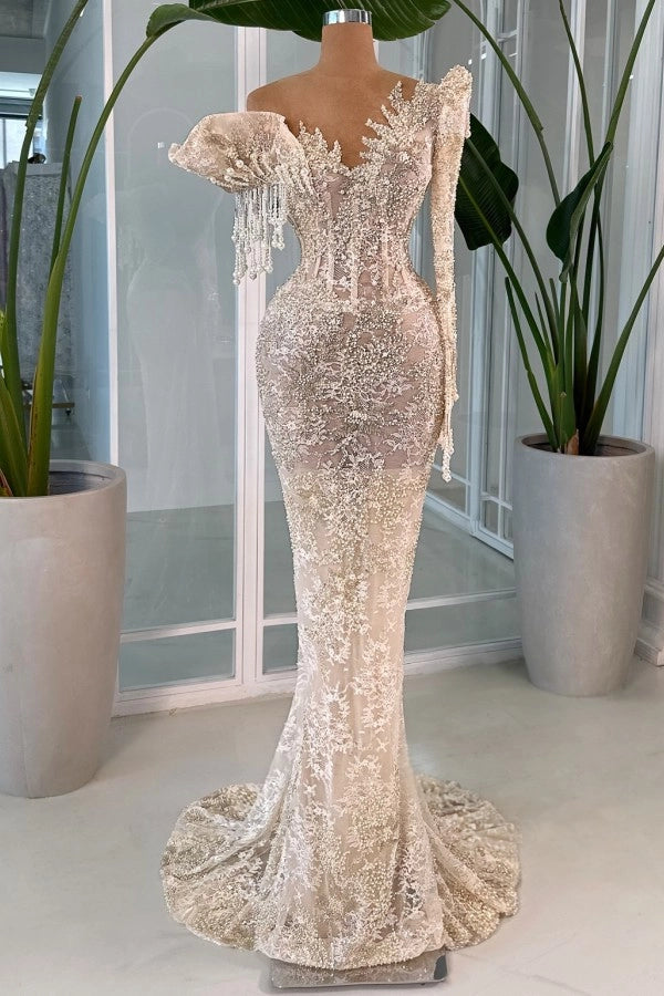 long sleeve champagne mermaid dress Luxury Beaded Champagne Long Sleeves Mermaid Evening Dress SS686 Blue / 14