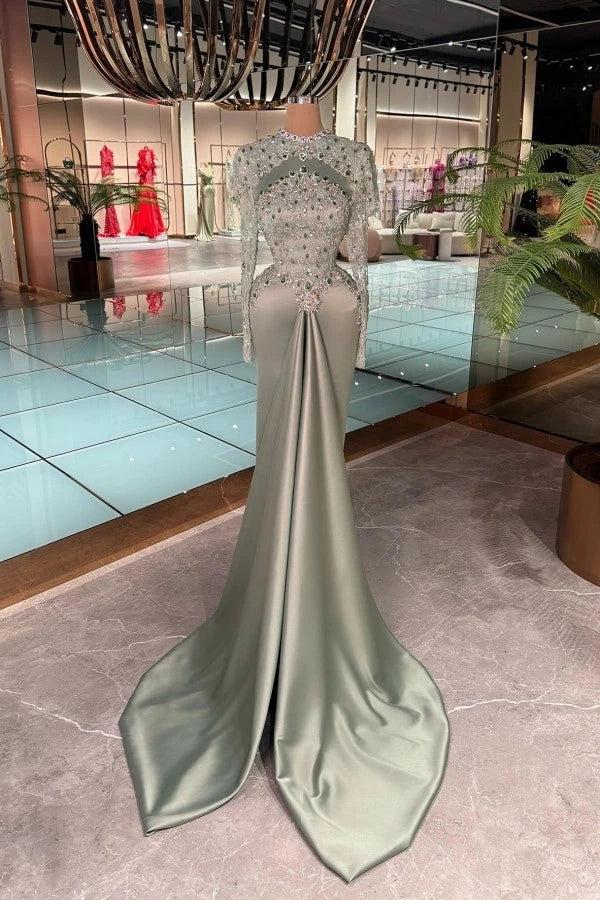 sage green long sleeve prom dress long sleeve formal prom dresses Sage Long Sleeves A Line Tulle Prom Dress  With Appliques