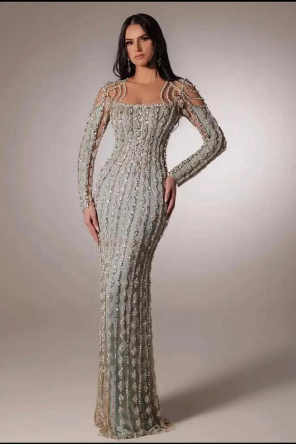 art deco formal dress Dusty Sage Sheath Prom Square Neck Draped Pearl Shoulder Chain Long Sheer Beaded Sleeves Allover applied sequins and crystal Size:30W x 30L SWS_6_9 Ivory Lace Corset Wedding
