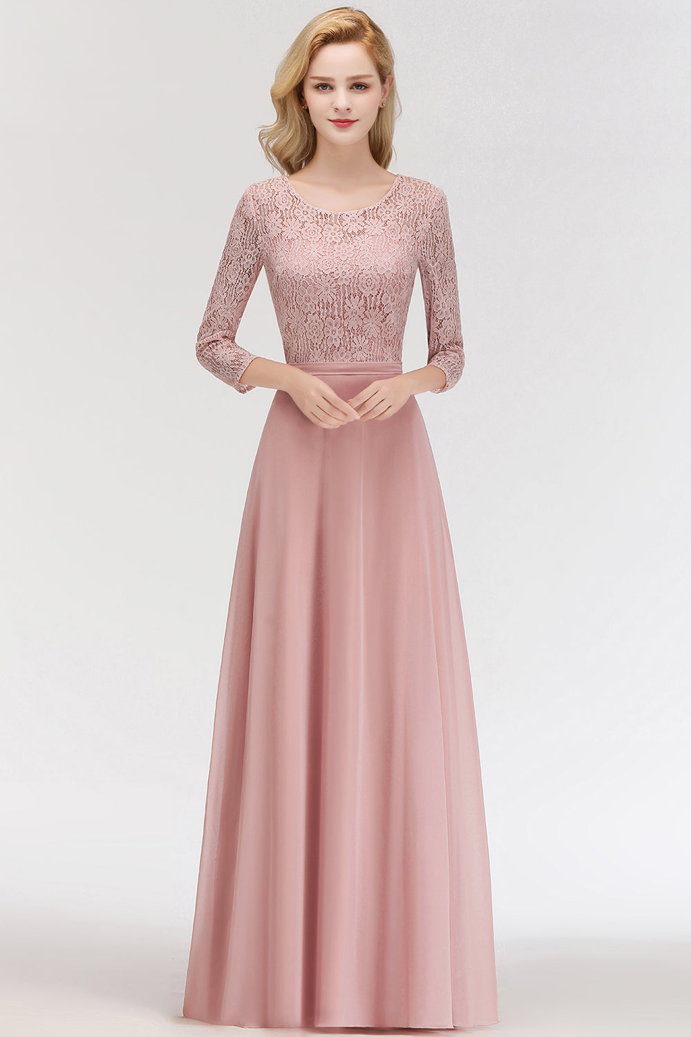 BMbridal Elegant 3/4 Sleeves Lace Long Dusty Rose Bridesmaid Dresses Online