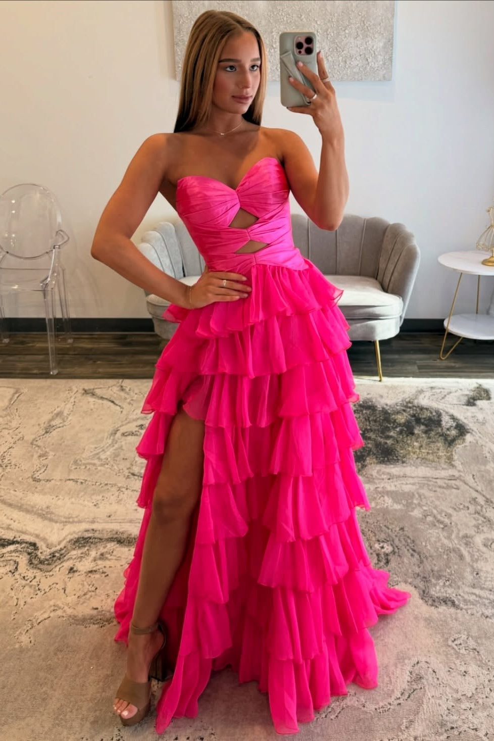 fuchsia strapless prom dress A Line Strapless Fuchsia Tiered Long Tulle Prom Dress, Red / Custom Size