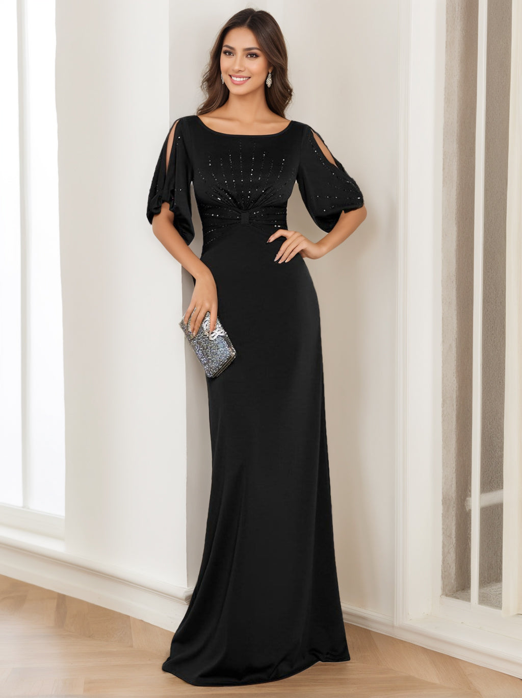 elegant black round neck evening dress A-Line/Princess V-Neck Short Sleeves Floor Length Sequined Mother Of The Bride & Groom Dresses(副本) GLITTER This sparkling Mother of Gothic Steampunk Corset Wedding Ajustar:Maternidad