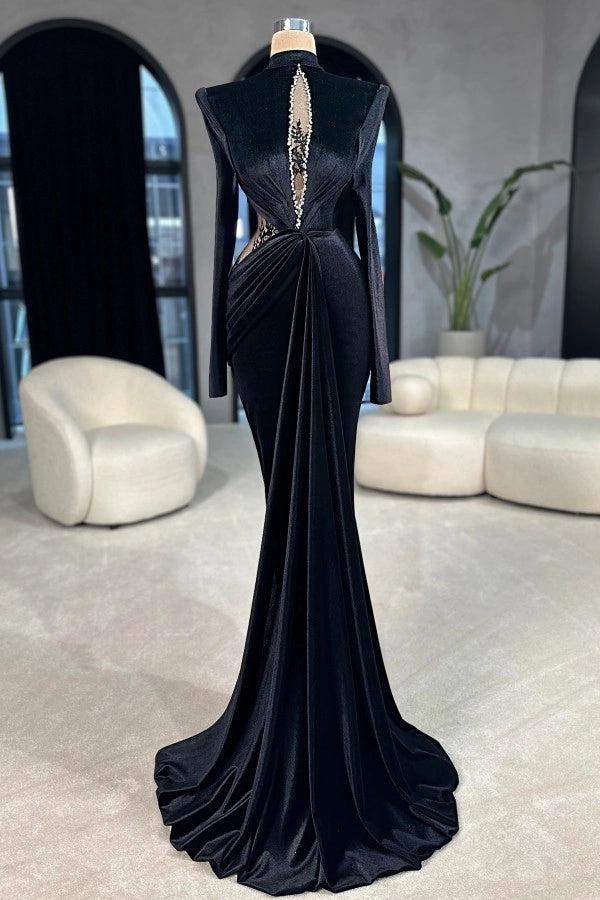 Elegant Black High Neck Long-Sleeve Mermaid Prom Dress with Appliques and Rhinestones