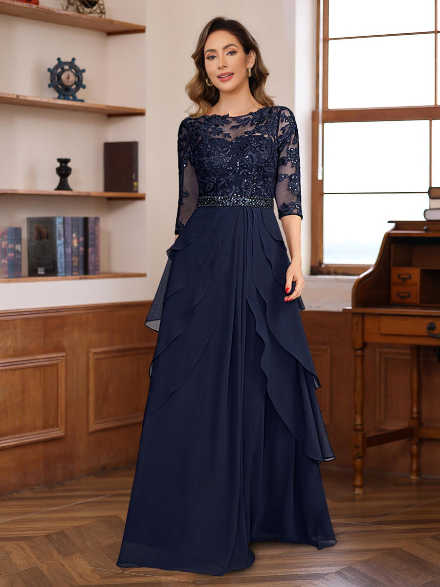Elegant Floor-Length A-Line/Princess Mother of The Bride & Groom Dresses with 3/4 Sleeves Lace Appliques and Ruffles