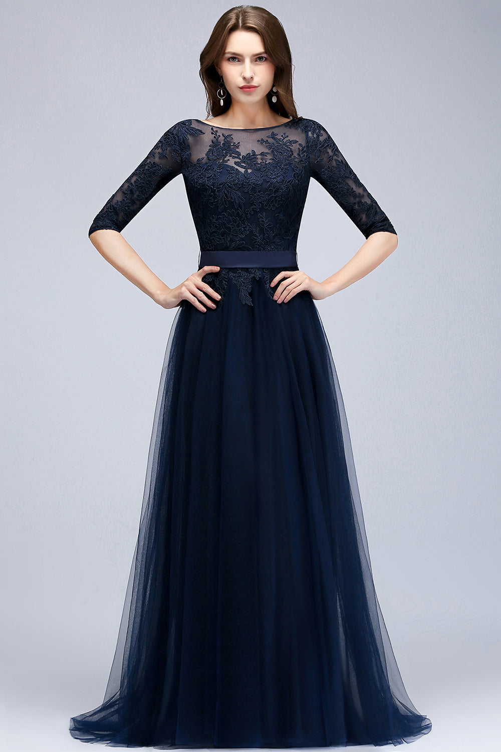 Half Sleeves Navy Blue Long Lace Prom Dresses, Navy Blue Lace Formal Bridesmaid Dresses, US 14 / Navy Blue as Pics / With Rush+$19.99