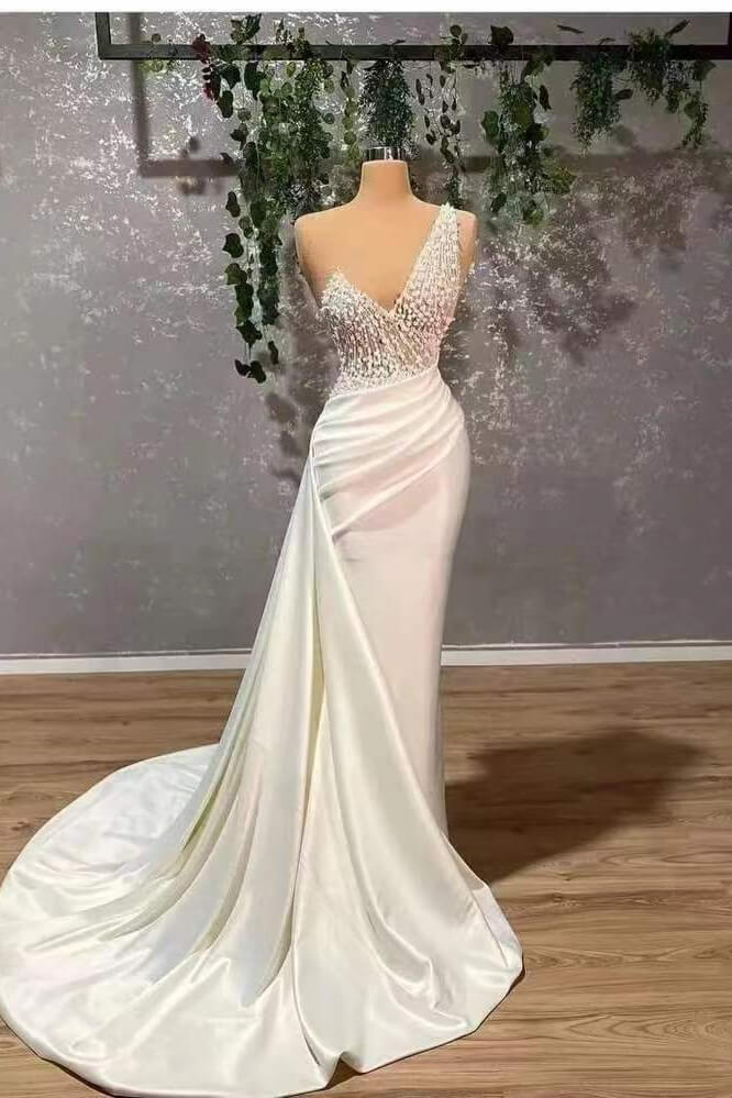 fitted lace wedding dress White Straps V-Neck Applique Mermaid Prom Dress