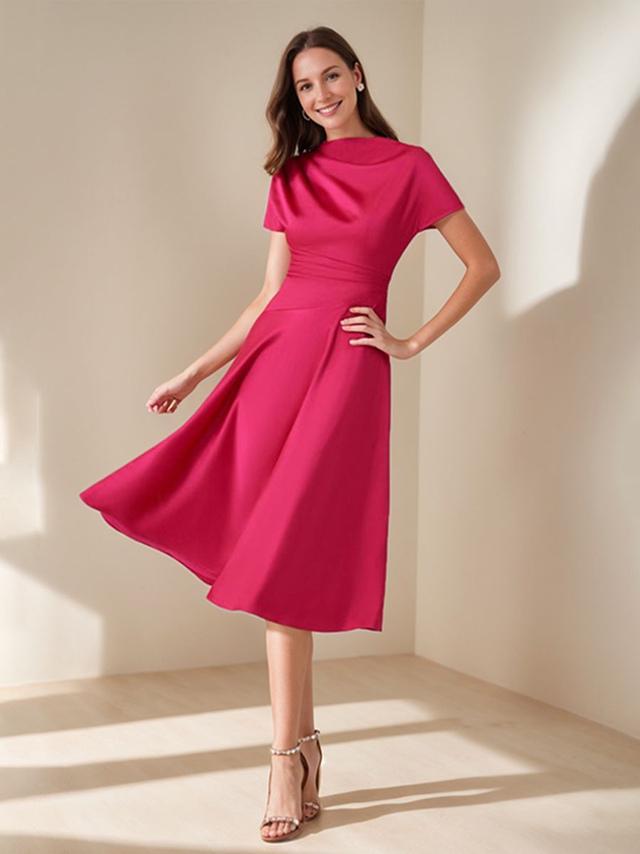 Elegant Knee-Length Wedding Guest Dress with Ruched Detail A-Line/Princess Cut Scoop Neck and Short Sleeves Elegant Knee-Length Wedding Guest Dress with Ruched Detail A-Line/Princess Cut Scoop Neck and Short Sleeves