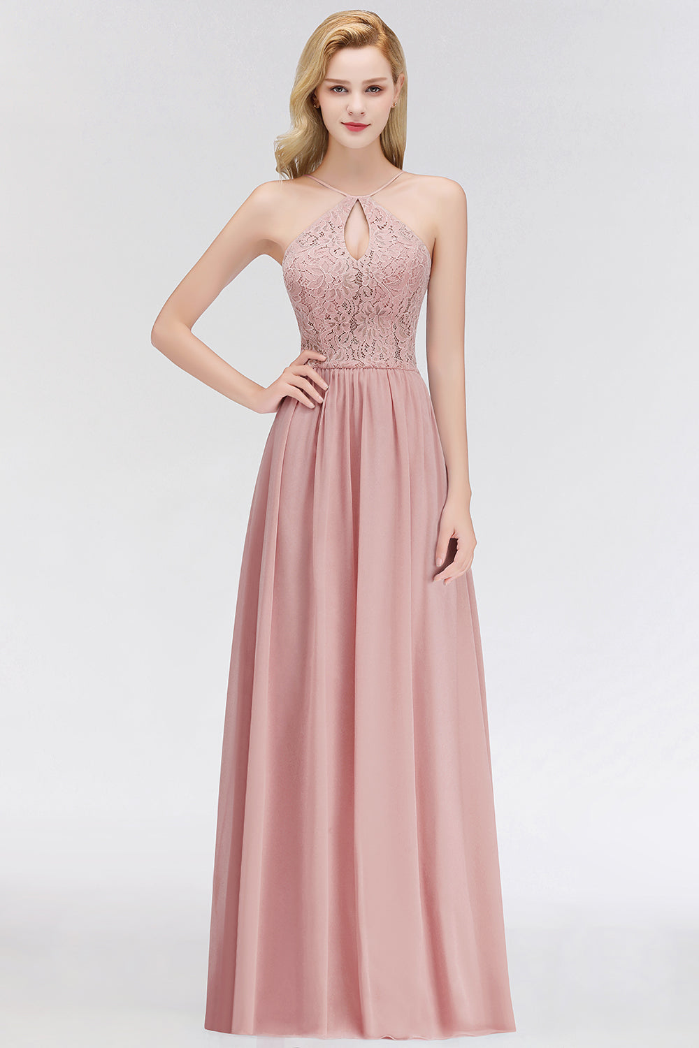 BMbridal Elegant Lace Keyhole Halter Dusty Rose Chiffon Bridesmaid Dress Affordable