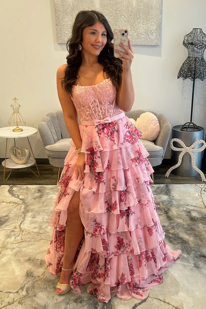 Elegant Long A-line Pink Speghetti Straps Floral Prom Dress with Lace and  Slit