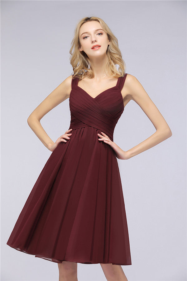 maroon bridesmaid dresses short Elegant Ruffle Straps Short Burgundy Bridesmaid dresses