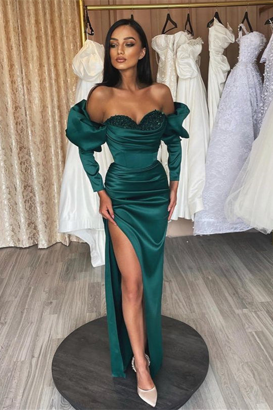 Emerald Evening Dress Prom Dress Long Sleeves Bubble Sleeves Sweetheart  with Sequins