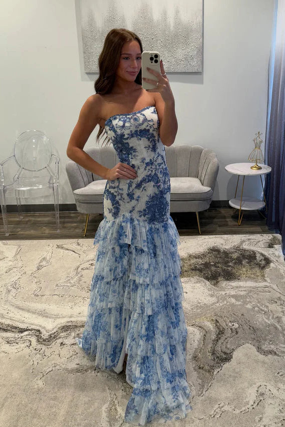 blue floral prom dress with slit Royal Blue Beaded Appliques Mermaid Velvet Slit Long Train Prom Dress