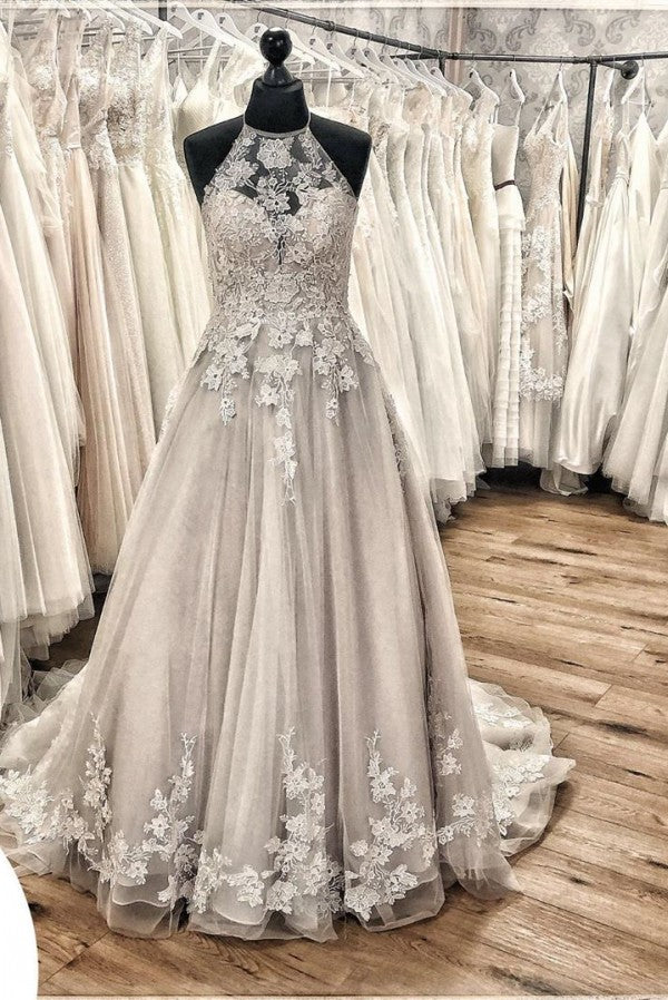 Fashion A-line Halter Backless Wedding Dress with Appliques Lace Tulle Fashion A-line Halter Backless Wedding Dress with Appliques Lace Tulle