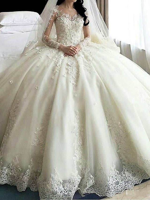 long sleeve scoop neck wedding dress Fashion A-Line Wedding Dress with Scoop Neck Court Train and Long Slee